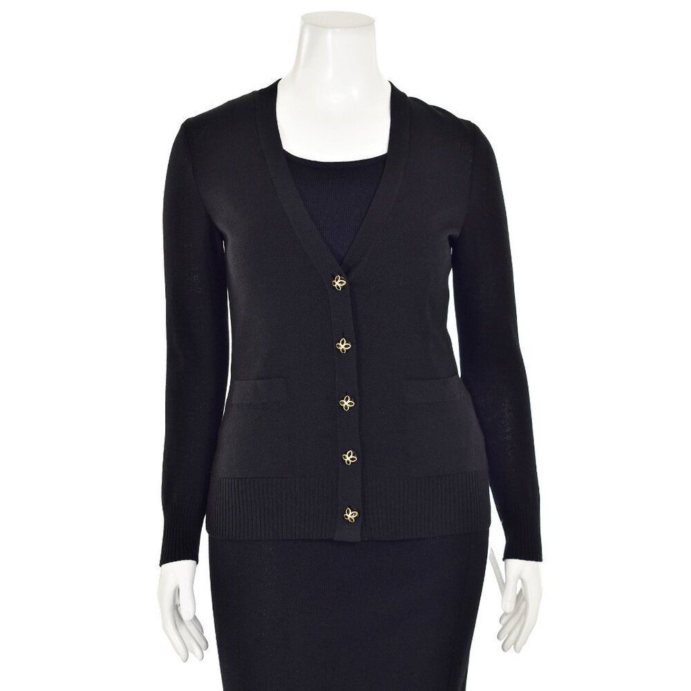 St. John Caviar Long V-Neck Cardigan w/ Pockets in Black sz P